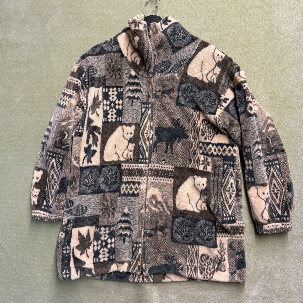 Vtg Quality Goods Canada Winter Nature Heavy Fleece Coat Jacket M/L Moose Bear